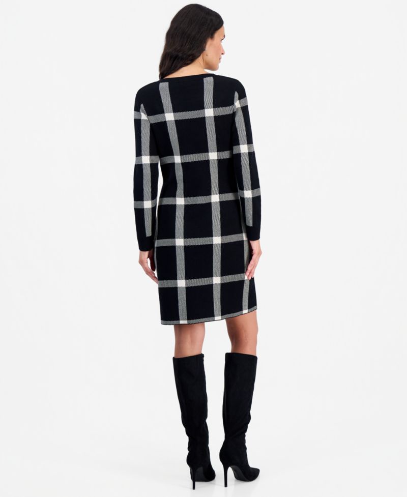 Petite Plaid Long-Sleeve Scoop Neck Sweater Dress