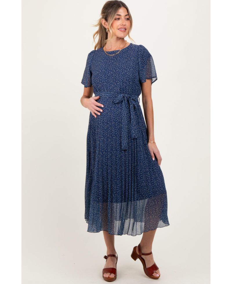 Women's Navy Leaf Print Pleated Midi Dress