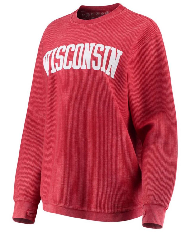 Women's Red Wisconsin Badgers Comfy Cord Vintage-Like Wash Basic Arch Pullover Sweatshirt