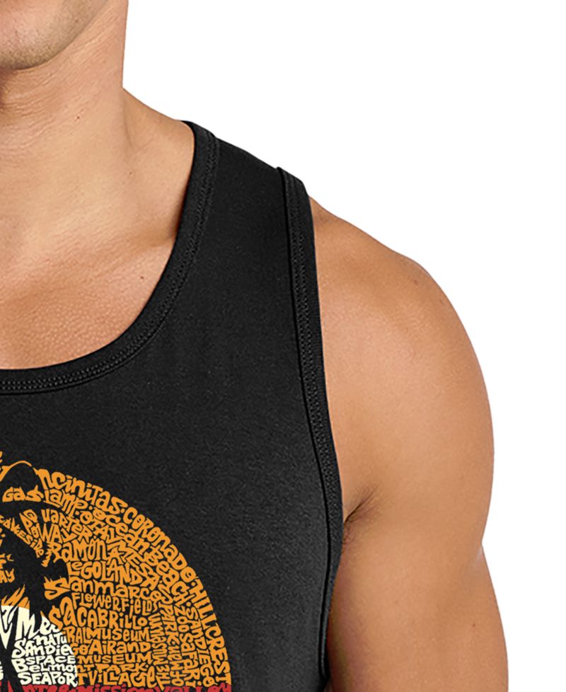 Men's Sunset Palm Tree Beach Scene Word Art Graphic Tank Top