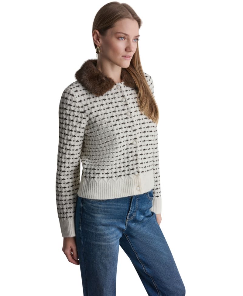 Women's Long-Sleeve Faux Fur Collar Cardigan
