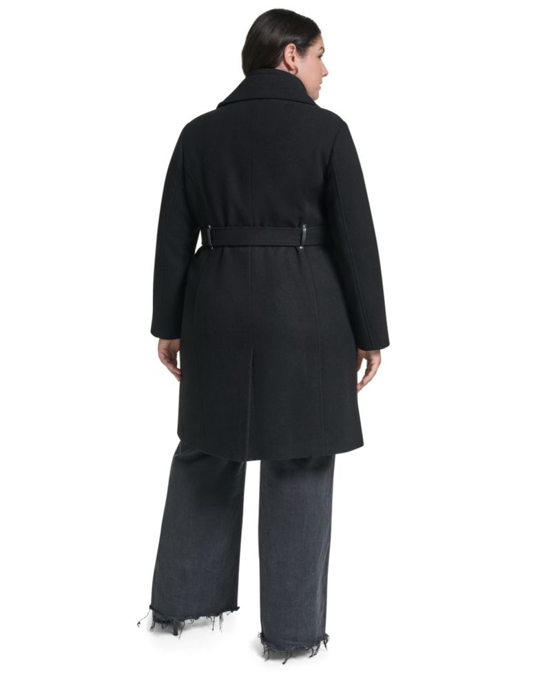Plus Size Wool-Blend Belted Wrap Coat with Bib