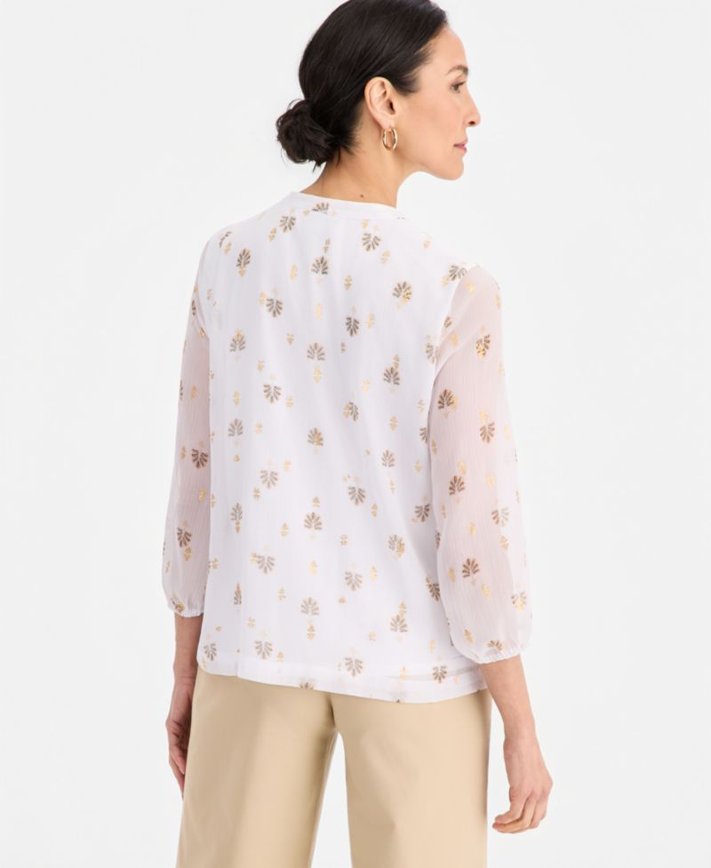Women's 3/4 Sleeve Metallic-Print Tie-Neck Blouse