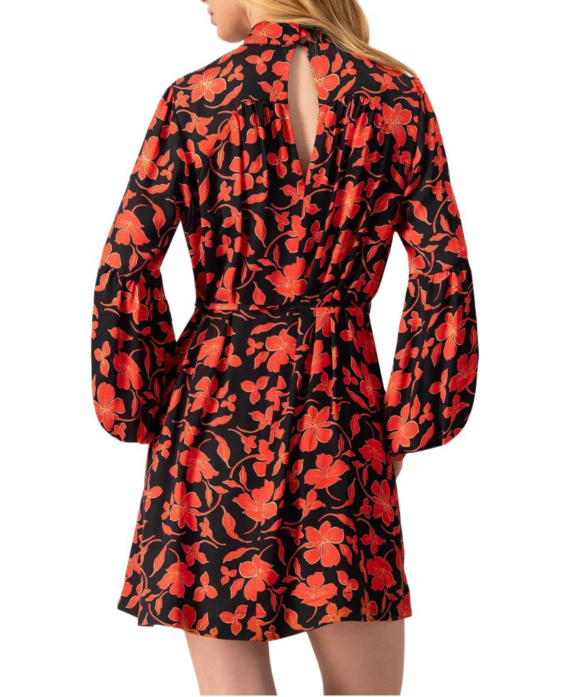 Women's Mini Dress with Red Floral Print and Drawstring Waist