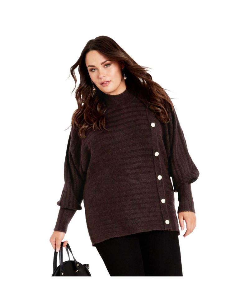 Women's Plus Size Beata Asymmetrical Button Knit Sweater