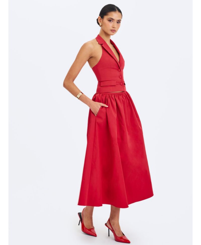 Women's Ursella Crimson Halter Single-Breasted Lapel Top