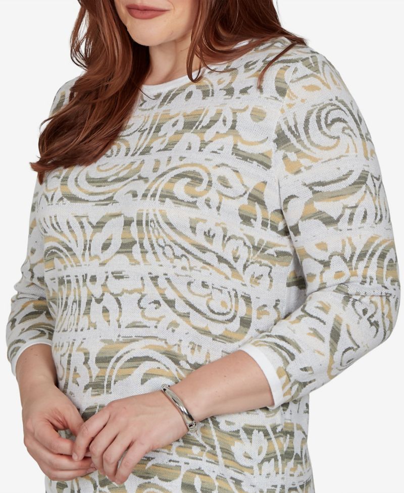 Petite Provence Crewneck 3/4-Sleeve Paisley-Stripe Sweater