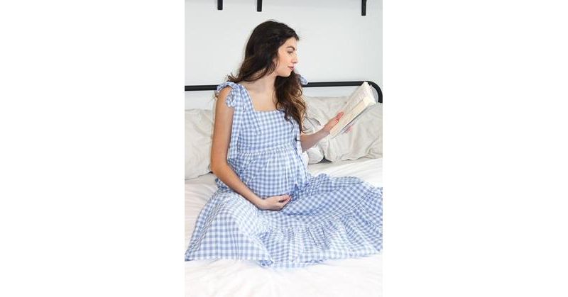 Women's Blue Checkered Sleeveless Tiered Maxi Dress