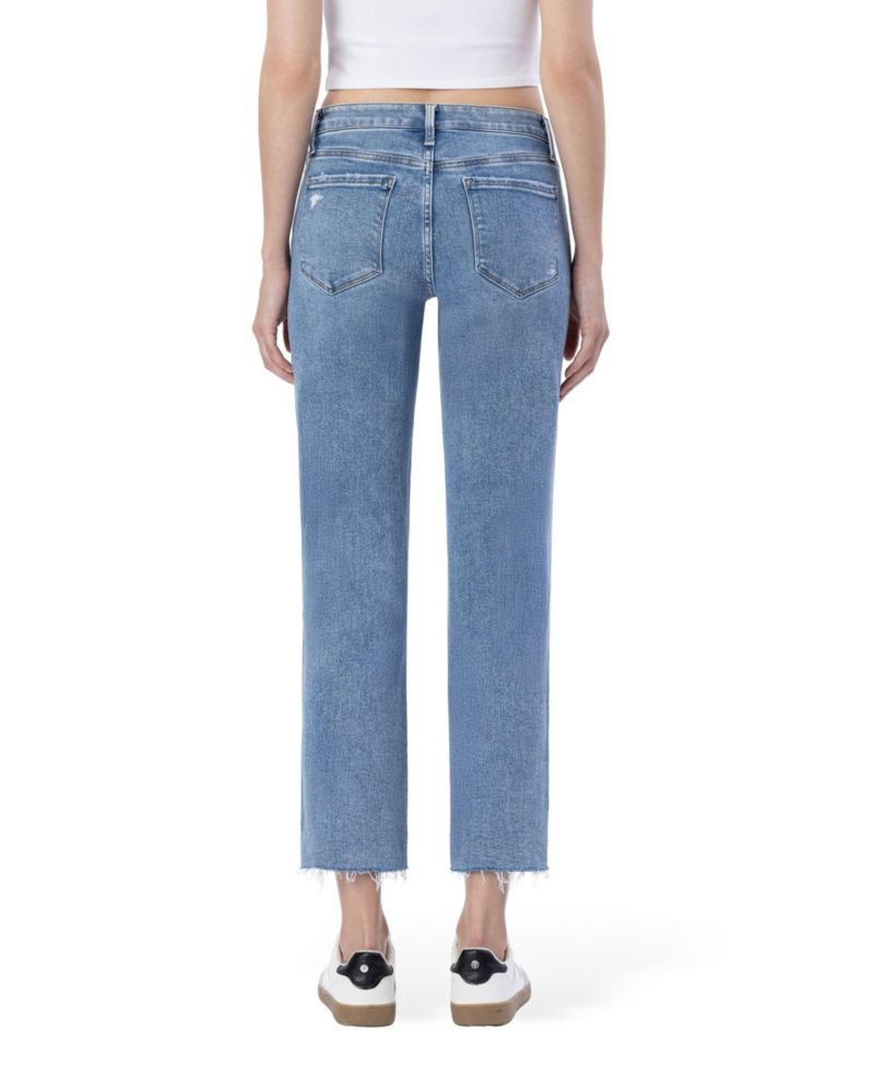 Women's Mid Rise Clean Cut Raw Hem Straight Jeans
