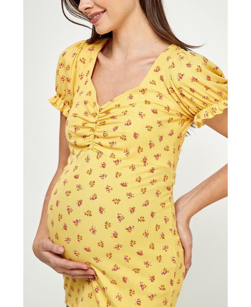 Maternity Ribbed Floral Ruched Front Puff Sleeve Top