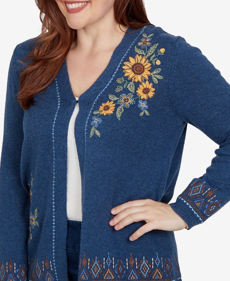 Petite V-Neck Long-Sleeve Floral Embroidery Cotton-Blend Cardigan