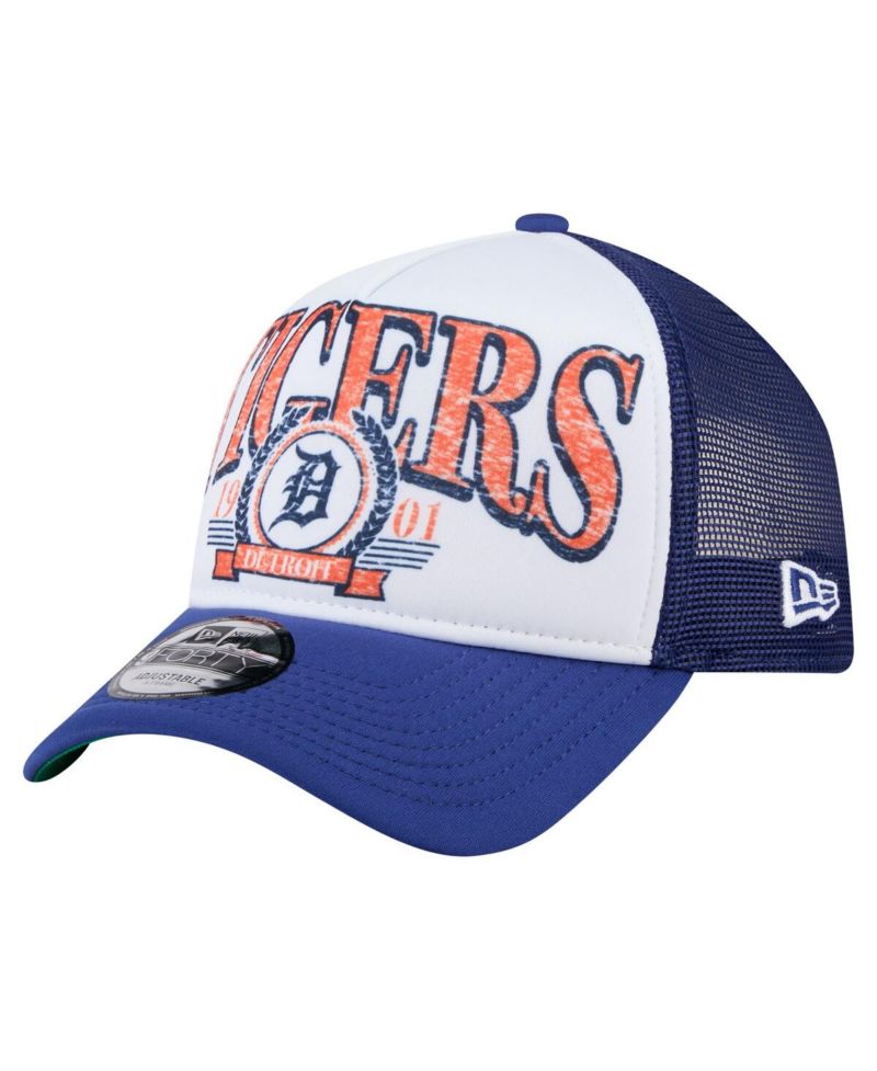 Men's White/Navy Detroit Tigers Distressed 9FORTY A-Frame Adjustable Trucker Hat