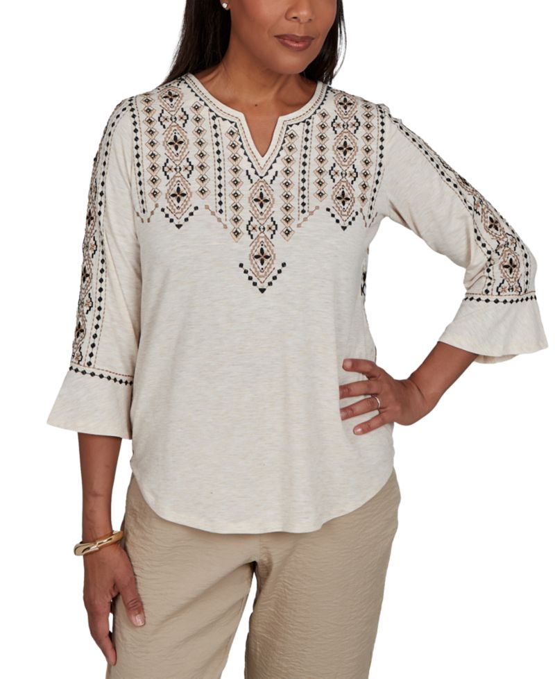 Women's Travel Advisory Geo Embroidered Printed Back Top