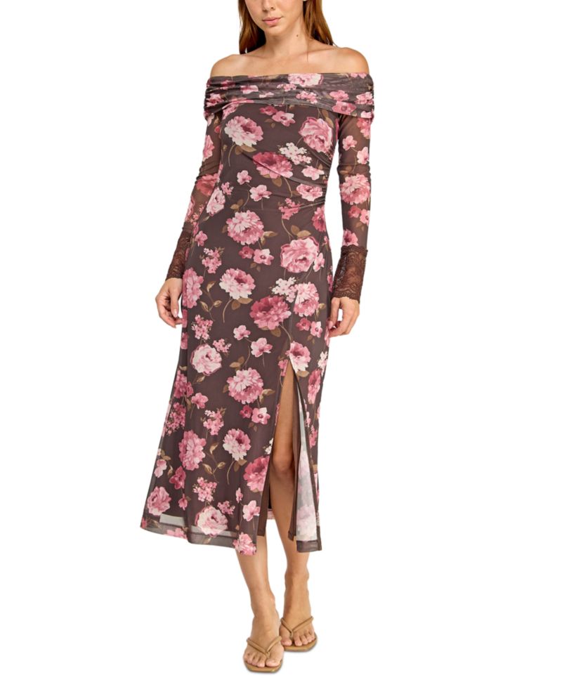 Juniors' Off-The-Shoulder Long-Sleeve Floral Printed Mesh Midi Dress