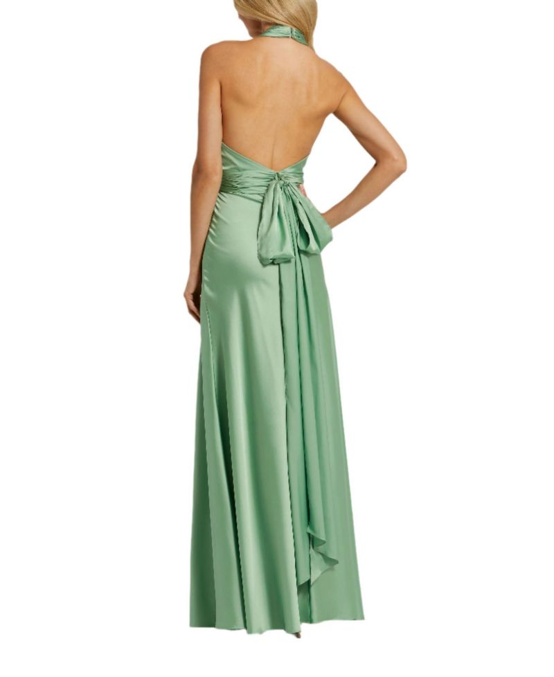 Women's Ruched Halter Neck Tie Back Satin Gown