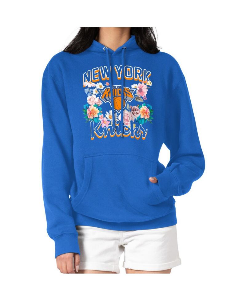 Women's Blue New York Knicks Flowers Team Logo Graphic Fleece Pullover Hoodie
