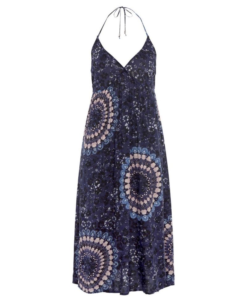 Women's Viscose Printed Halter Smocked Halter-Neck Midi Dress
