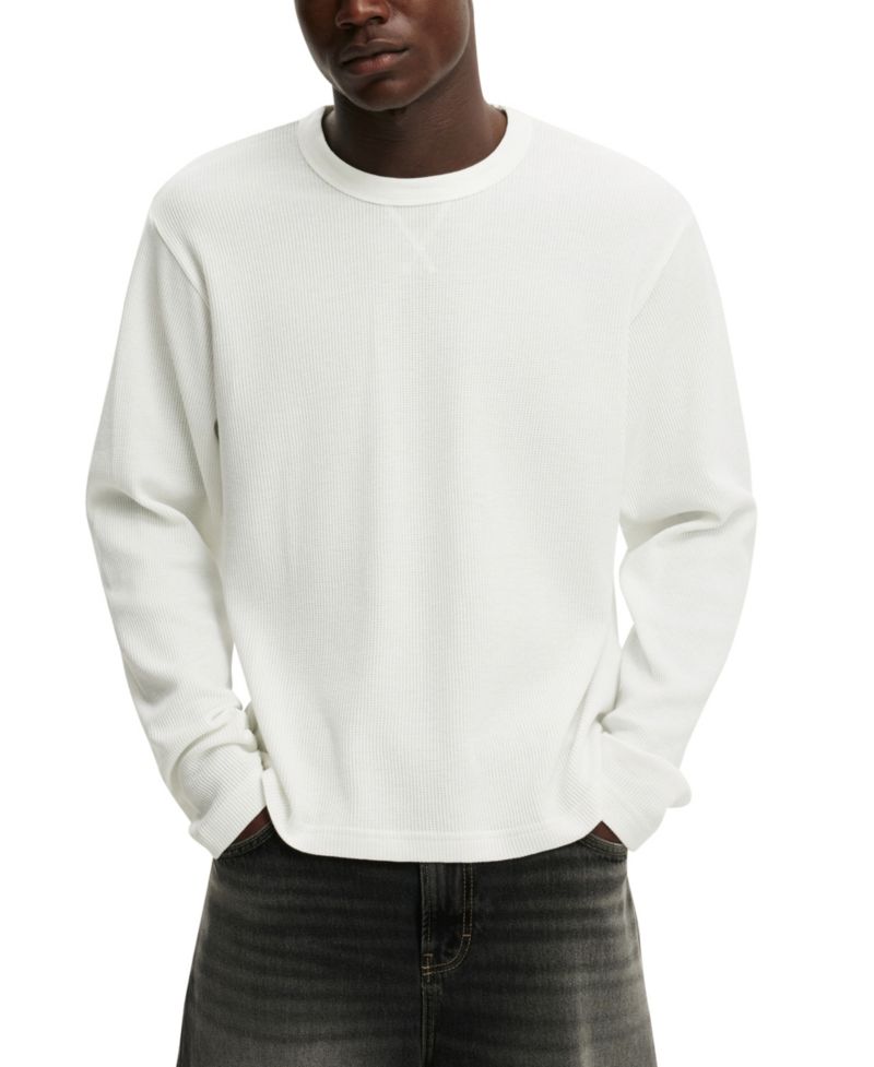 Men's Cropped-Fit Waffle Textured Long-Sleeve T-Shirt