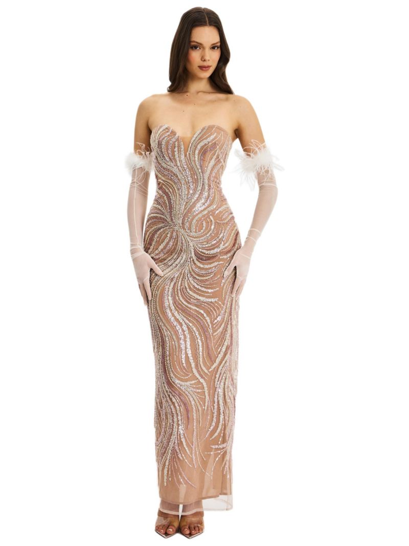 Women's Quinci Apricot Beaded Sequin Sweetheart Maxi Dress