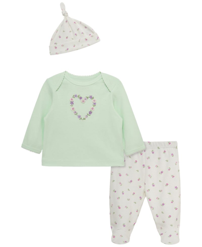 Baby Girls' Floral Heart Lap-Shoulder Top, Pants and Hat, 3-Piece Set