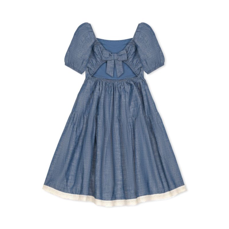 Baby Girls Hope and Henry Short Bubble Sleeve Crochet Trim Chambray Dress