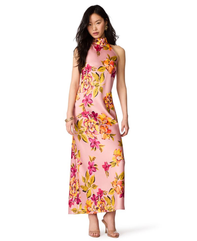Juniors' Floral-Print Satin Halter Wedding-Guest Dress