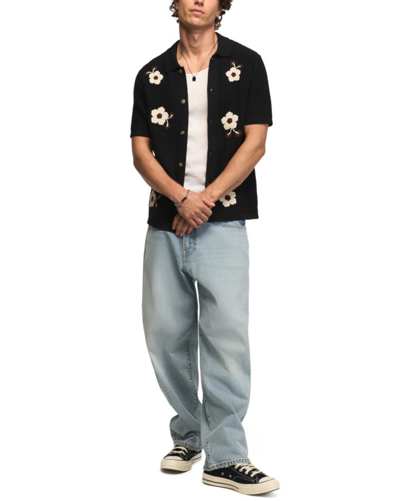 Men's Flower Embroidery Crotchet Button-Down Sweater