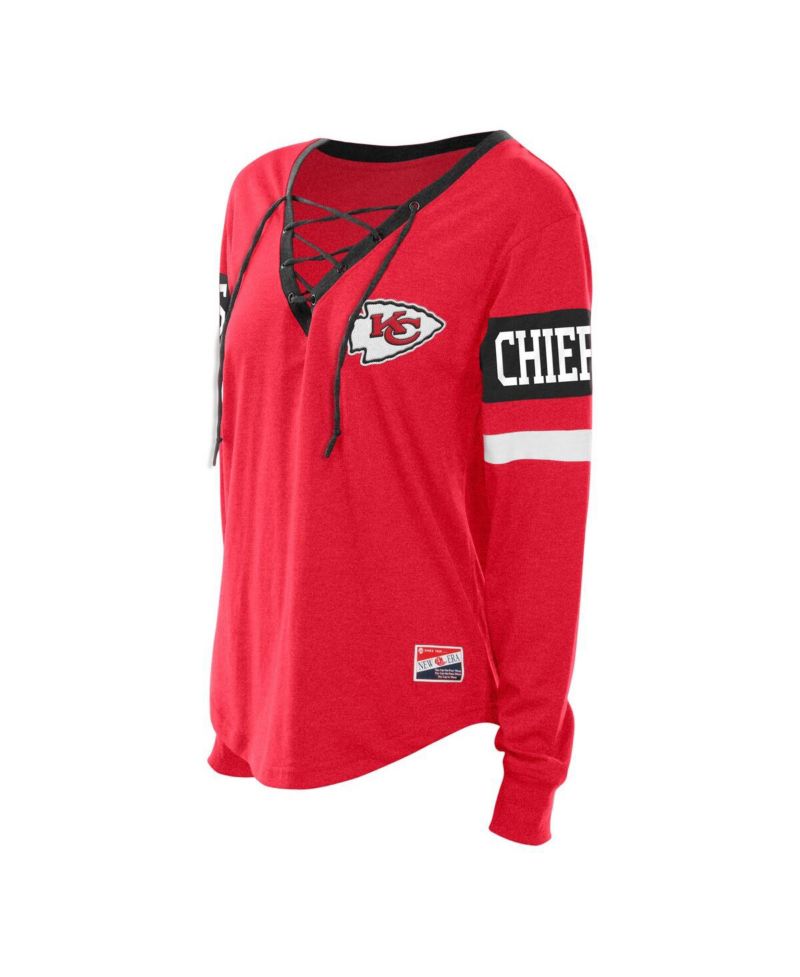 Women's Red Kansas City Chiefs Plus Size Throwback Lace-Up Long Sleeve T-Shirt