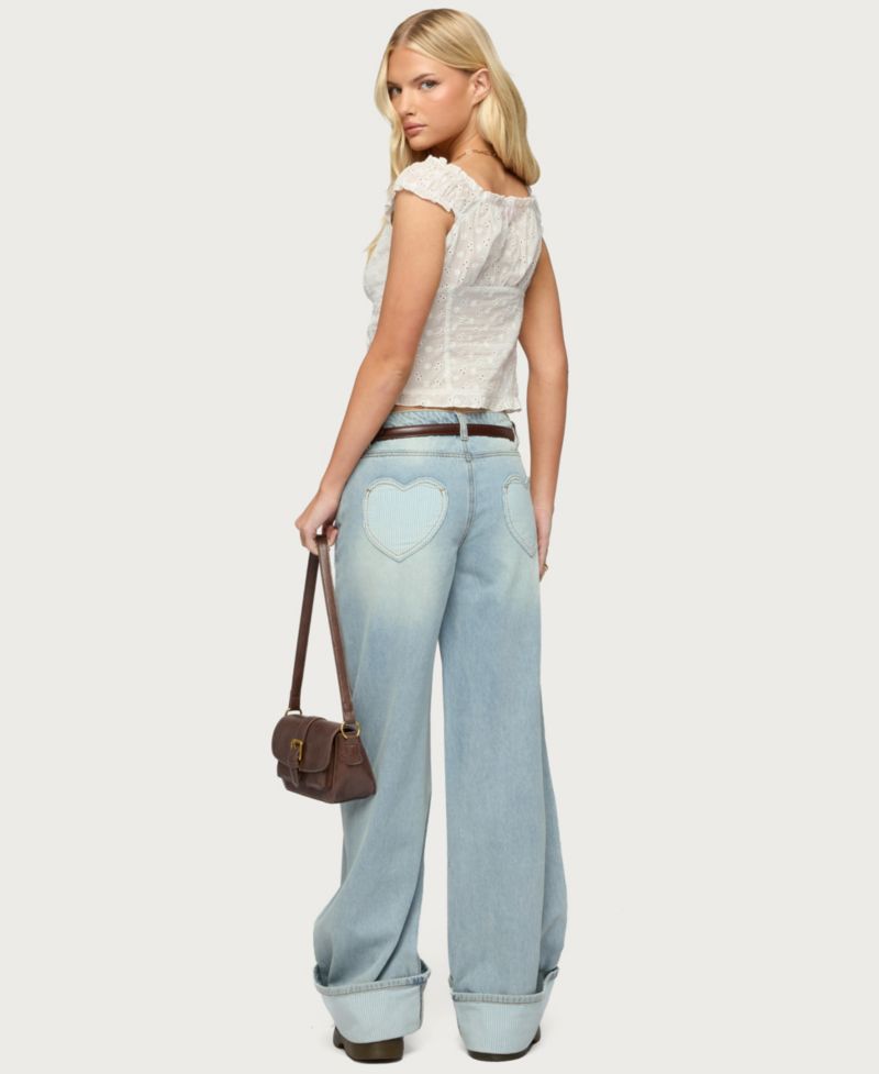 Women's Contrast Heart Low Rise Baggy Jeans