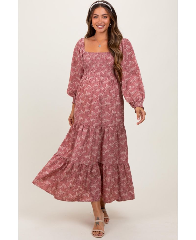 Women's Mauve Floral Smocked Square Neck Maxi Dress