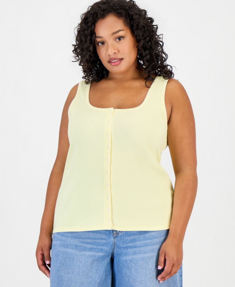 Women's Button-Down Contrast-Stitch Rib Tank Top