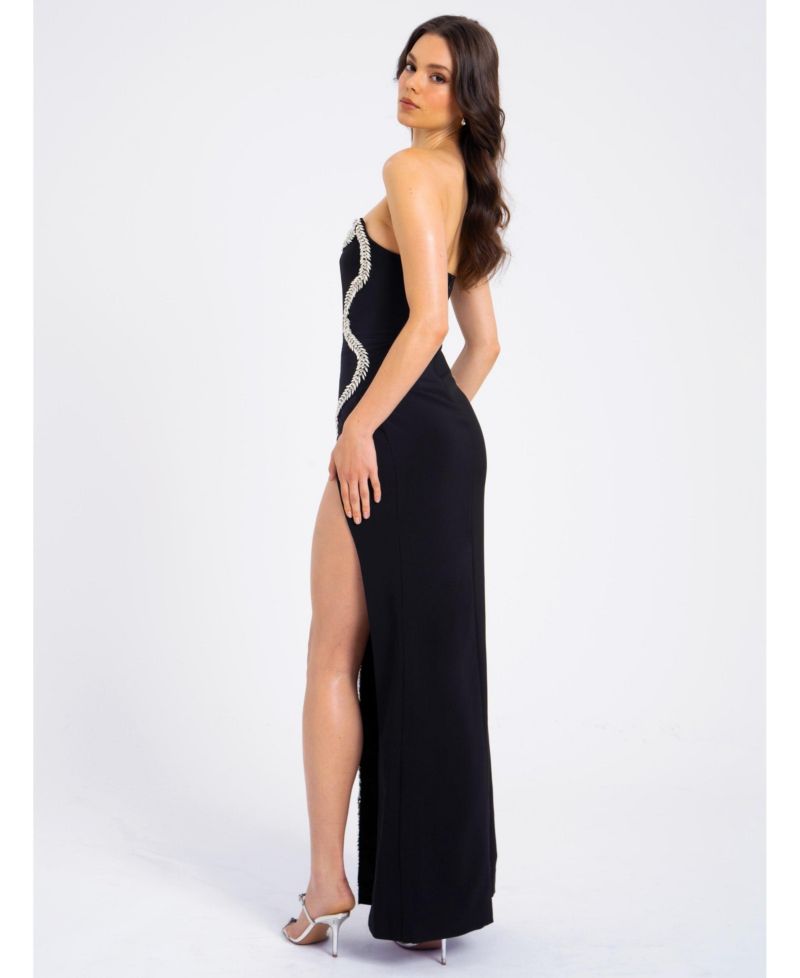 Women Xoana Black Crystal Embellished High Slit Gown