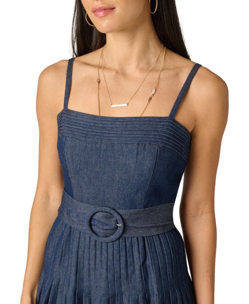 Women's Pintucked Square Neck Cotton Denim Midi Dress