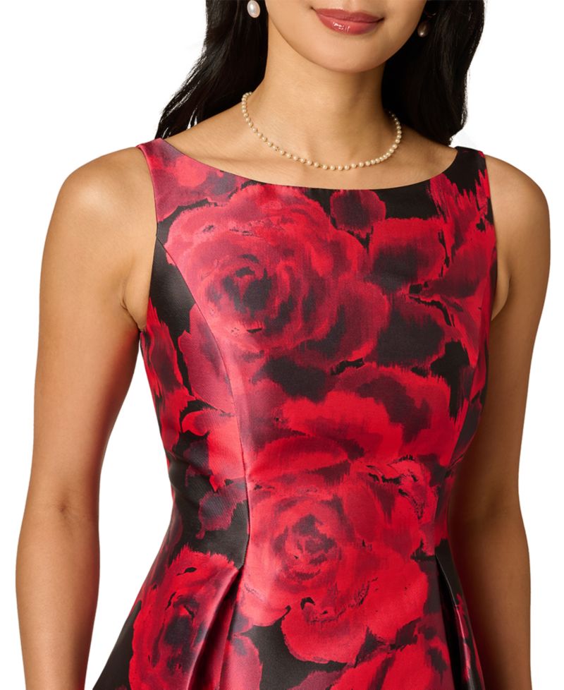 Women's Ikat Rose Floral-Print Boat Neck A-Line Dress