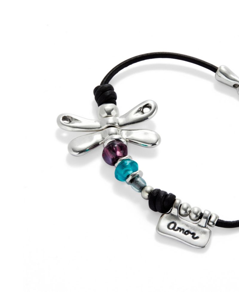 Leather Bracelet featuring a Dragonfly Plated in Sterling Silver and Multicolored Crystals