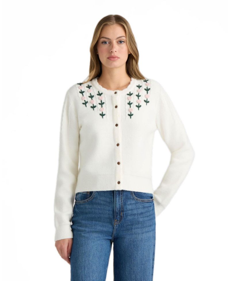 Women's Floral Scalloped-Crewneck Cardigan