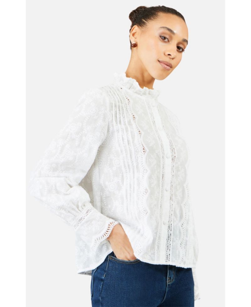 Women's Long-Sleeve Lace-Detail Cotton Blouse