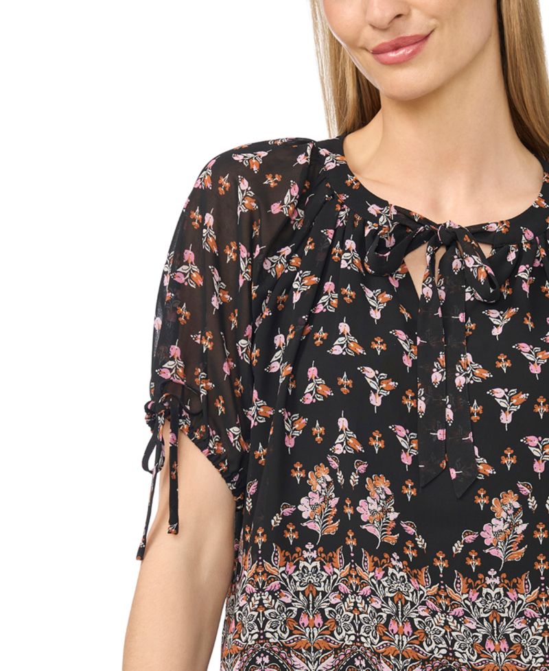 Women's Puff Raglan Short-Sleeve Tie Neck Floral-Print Blouse