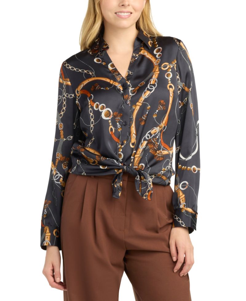 Juniors' Collared Printed Satin Top