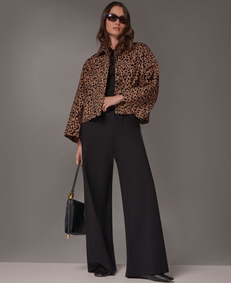 Women's Flocked Canvas Leopard-Print Bell-Sleeve Trapeze Jacket