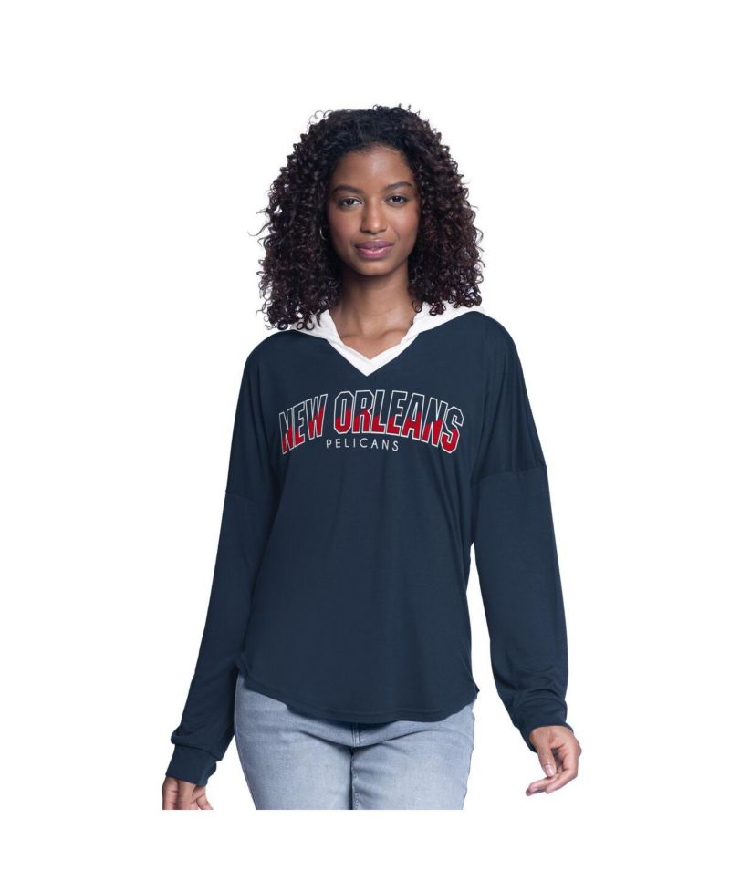 Women's Navy New Orleans Pelicans Bench Player Oversized Long Sleeve Hooded Top