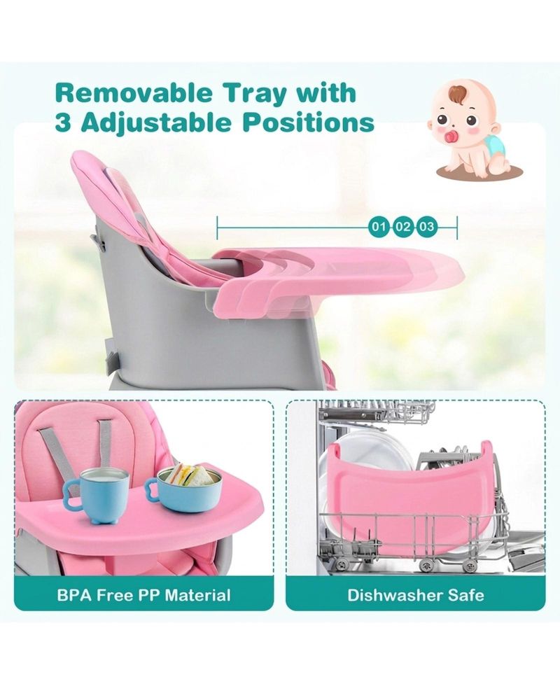 Toddler 6 in 1 Convertible High Chair with Adjustable Removable Tray and Booster