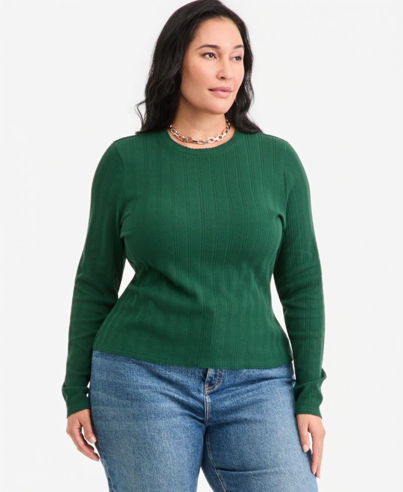 Plus Size Long-Sleeve Pointelle Cropped Meet & Greet T-Shirt