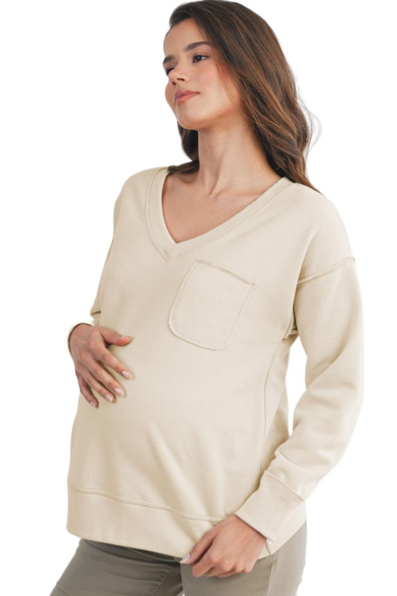 Maternity V Neck Long Sleeve Front Pocket Sweatshirt