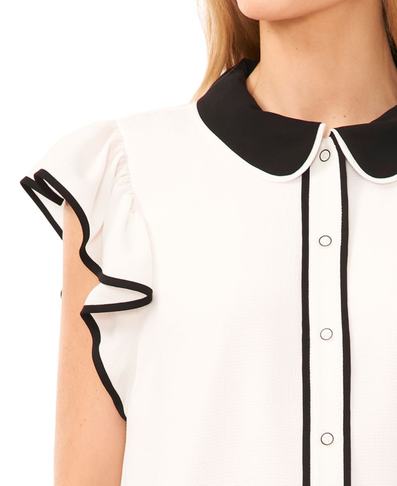Women's Contrast Trimmed Flutter Sleeve Blouse