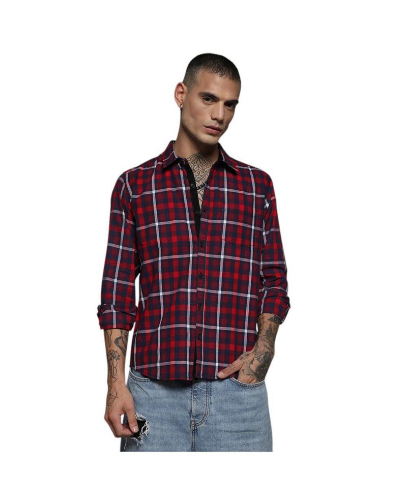 Men's Navy Blue & Red Tartan Plaid Shirt