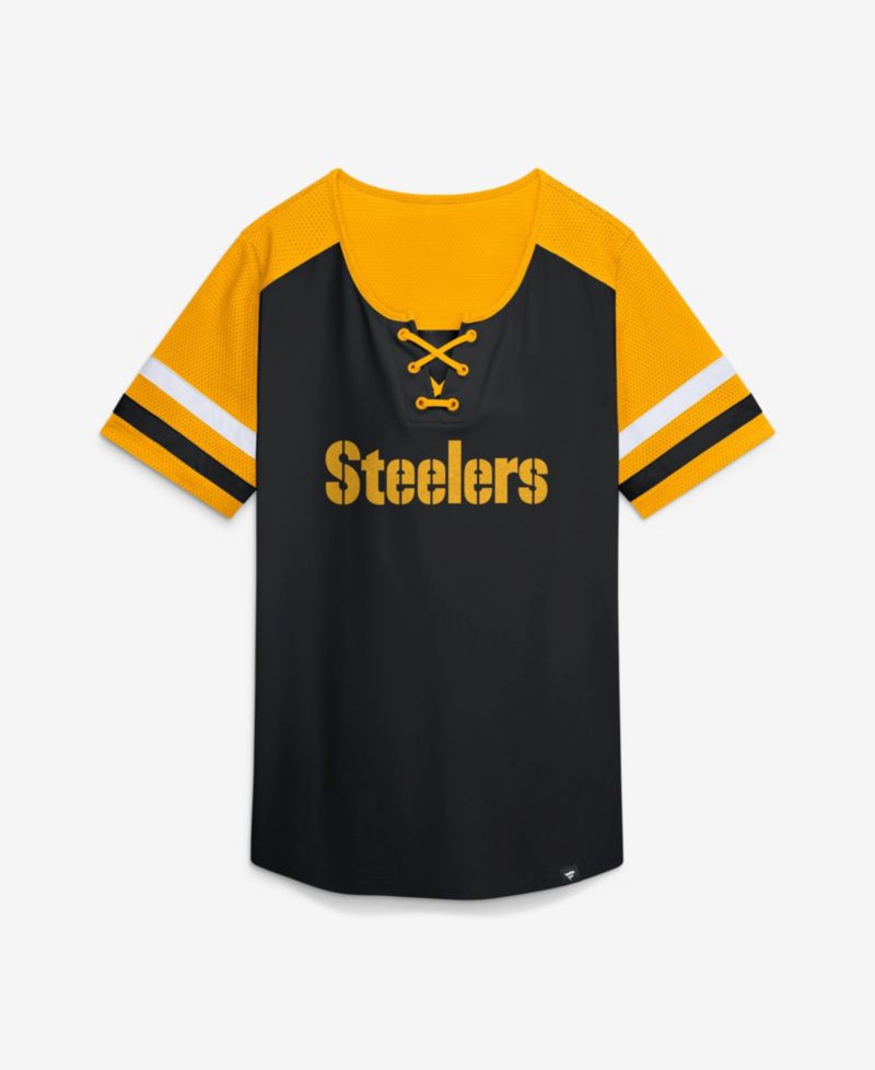 Women's Black Pittsburgh Steelers Curl Route Athena Lace-Up T-Shirt