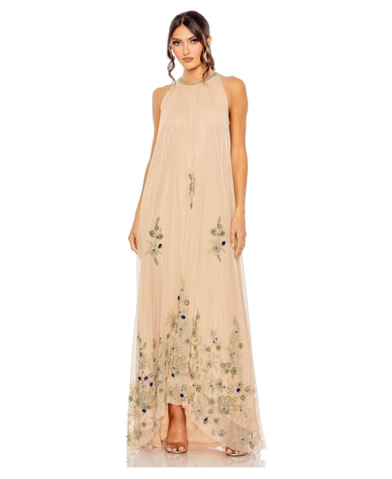 Women's High Neck Floral Embellished Trapeze Gown