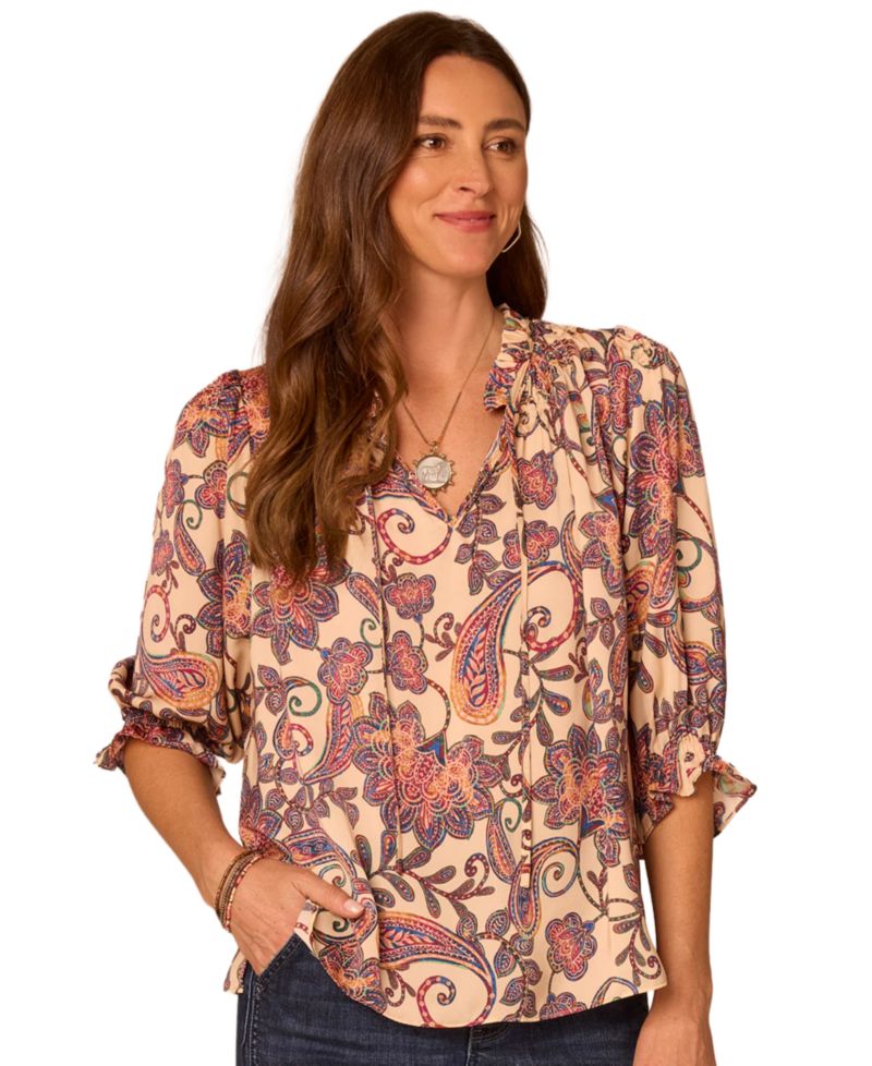 Petite Floral-Print Split Neck Peasant 3/4-Sleeve Blouse