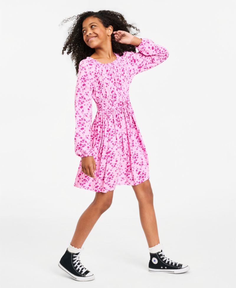 Girls' XS-XL Long-Sleeve Floral-Print Dress